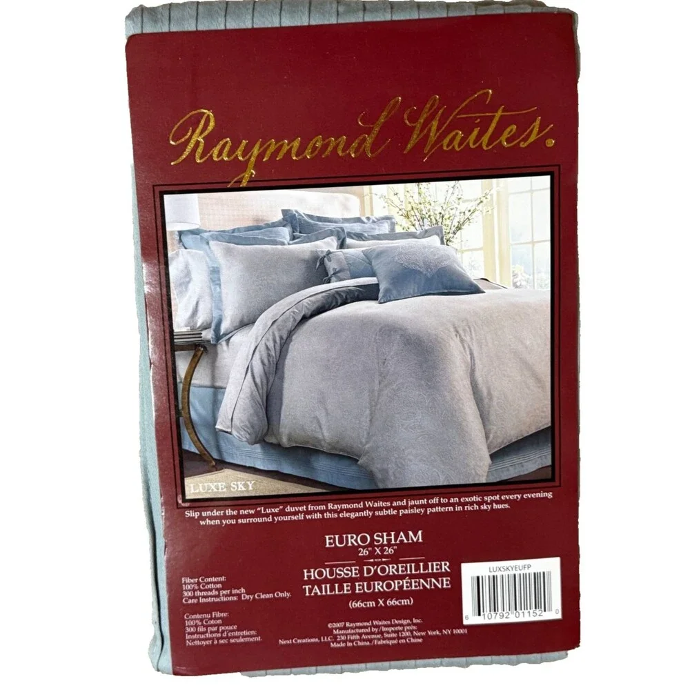 Raymond Waites Euro Sham Square Pillowcase Blue Pleat 100% Cotton 300 Thread NWT